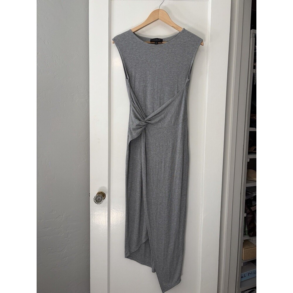 Laundry Shelli Segal Gray Ribbed Midi Dress XS Twist Front Ruched Asymmetrical